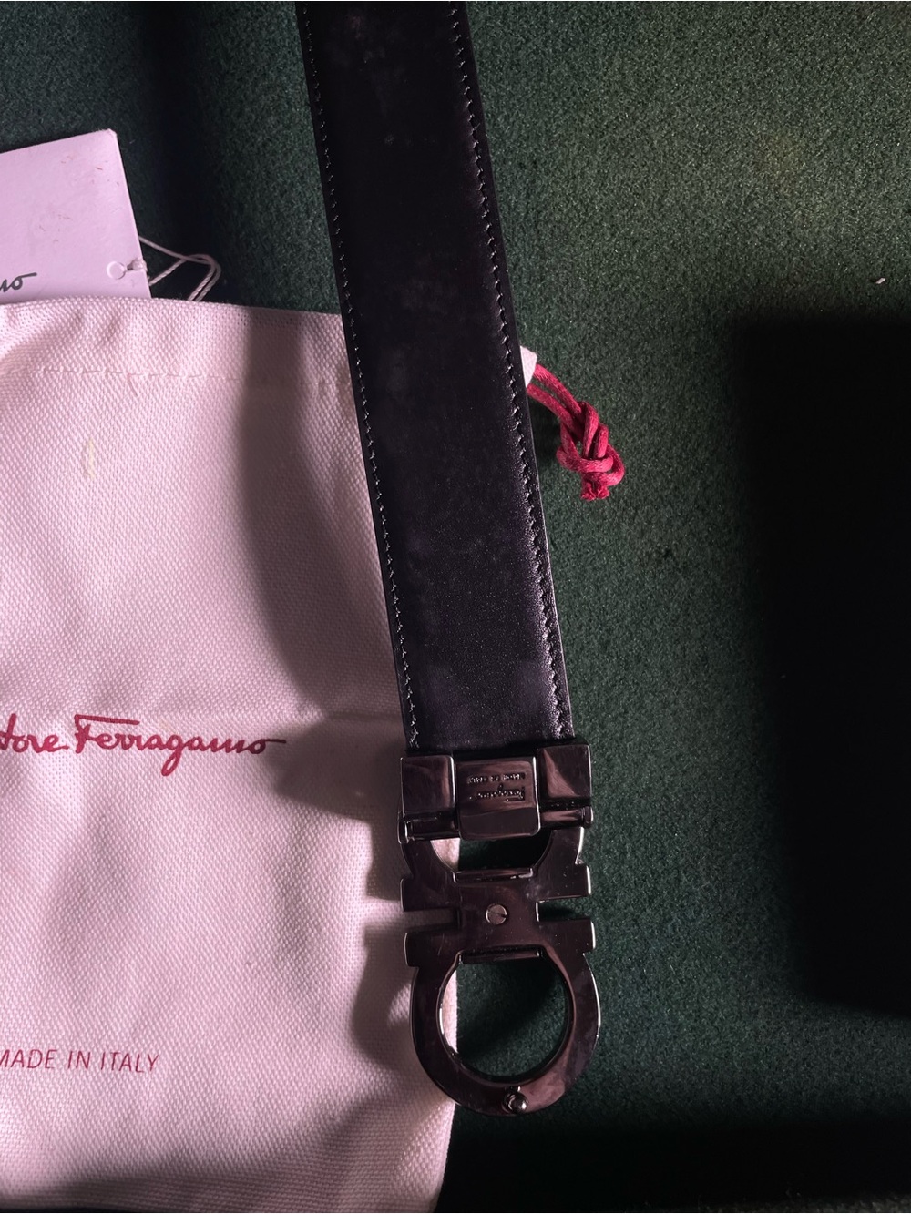Salvatore Ferragamo Black Gancini Buckle Leather Accessory with Red Accent